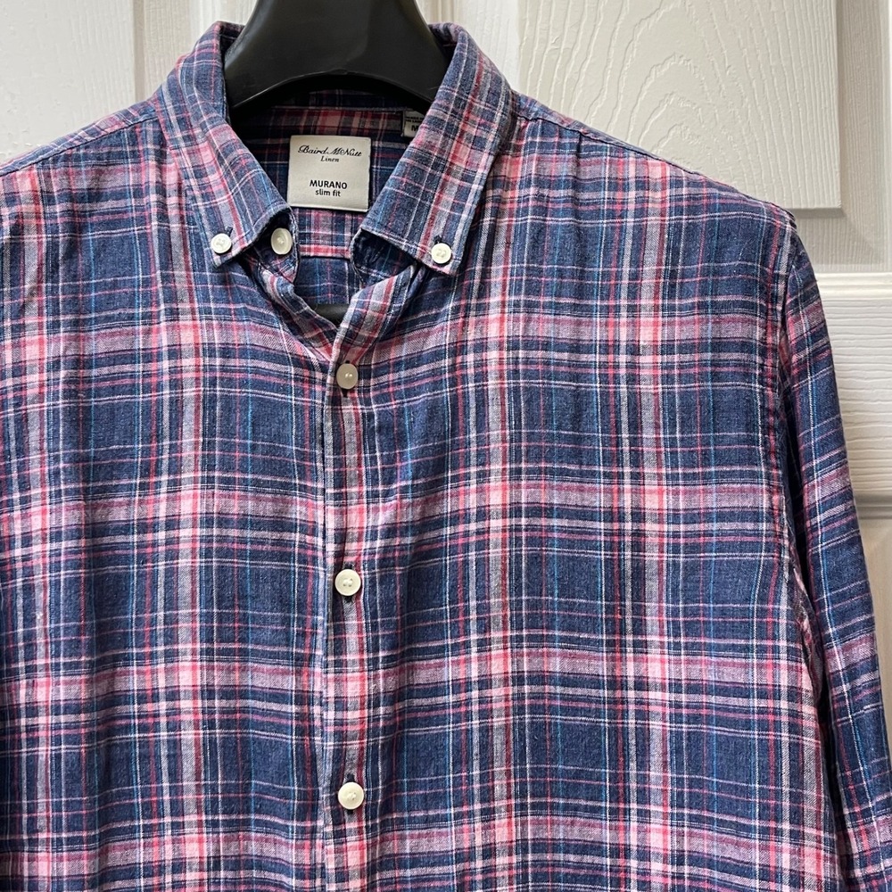 Baird McNutt Linen M‎ Murano Long Sleeve Pink Blue Plaid Button Down Shirt Slim